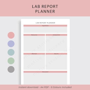 May include: A printable lab report planner with sections for hypothesis, resources, introduction, methods, results, and discussion. The planner is designed in a minimalist style with a pink and white colour scheme.