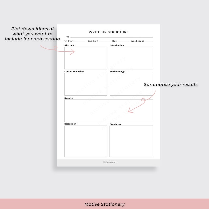 May include: A printable worksheet for organizing a research paper. The worksheet is divided into sections for the title, abstract, literature review, methodology, results, discussion, and conclusion. The worksheet also includes space for the first and second drafts, due date, and word count.