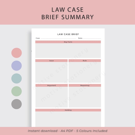 Law Student Case Brief Summary Sheet - A4 PDF Instant Digital Download | 5 Colours Holding Argument Reasoning Criminal Study