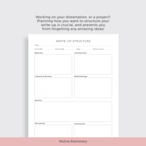 May include: Black and white printable worksheet with the title "Write-Up Structure". The worksheet is divided into sections for title, 1st draft, abstract, 2nd draft, due, introduction, word count, literature review, methodology, results, discussion, and conclusion.
