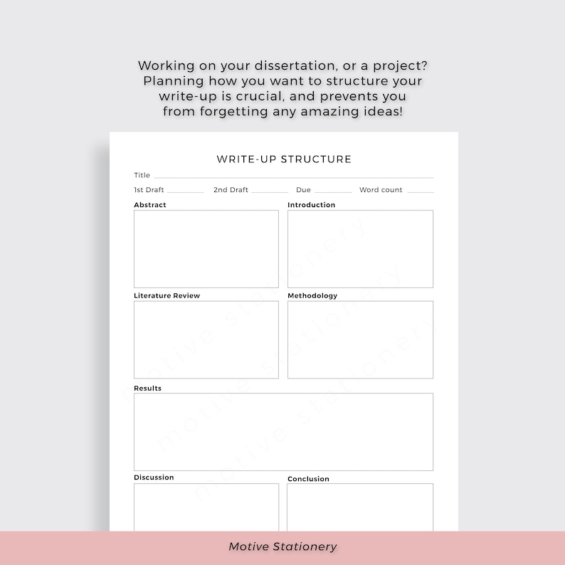 May include: Black and white printable worksheet with the title "Write-Up Structure". The worksheet is divided into sections for title, 1st draft, abstract, 2nd draft, due, introduction, word count, literature review, methodology, results, discussion, and conclusion.