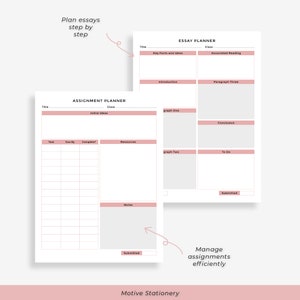May include: A printable planner with two pages, one for essay planning and one for assignment planning. The essay planner has sections for title, key facts and ideas, introduction, paragraph one, paragraph two, paragraph three, conclusion, to do, and submitted. The assignment planner has sections for title, class, initial ideas, task, due by, complete, resources, notes, and submitted. Both planners have a pink and white colour scheme.