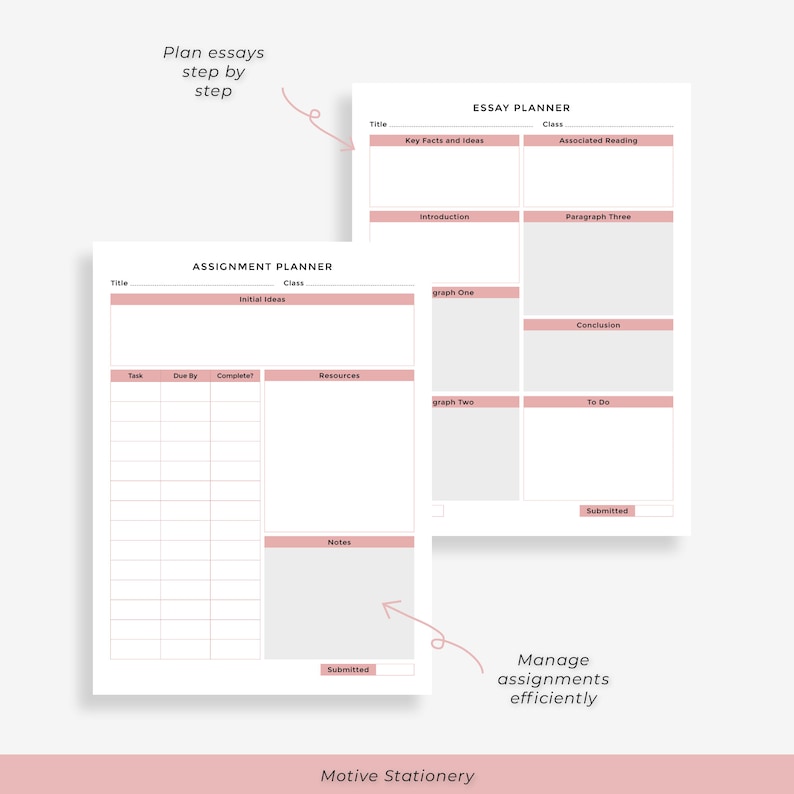 May include: A printable planner with two pages, one for essay planning and one for assignment planning. The essay planner has sections for title, key facts and ideas, introduction, paragraph one, paragraph two, paragraph three, conclusion, to do, and submitted. The assignment planner has sections for title, class, initial ideas, task, due by, complete, resources, notes, and submitted. Both planners have a pink and white colour scheme.