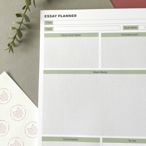 May include: A printable essay planner with sections for title, class, due date, facts and ideas, introduction, main body, conclusion, and to do list. The planner is on a light green background.