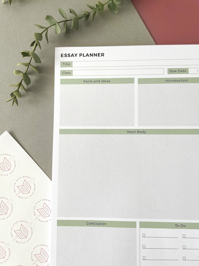 May include: A printable essay planner with sections for title, class, due date, facts and ideas, introduction, main body, conclusion, and to do list. The planner is on a light green background.