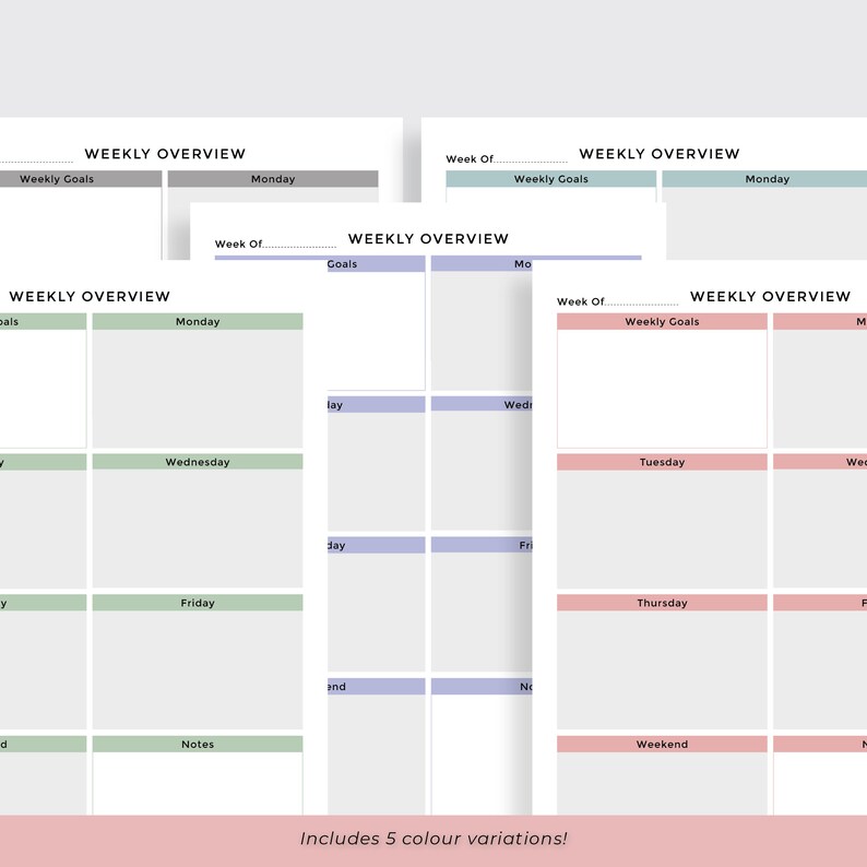 May include: Printable weekly planner with five different colour variations. The planner includes sections for weekly goals, notes, and daily tasks. The days of the week are listed across the top of the planner.