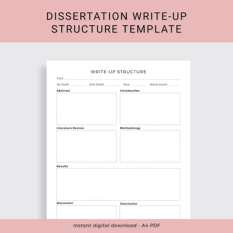 May include: A black and white printable dissertation write-up structure template with sections for title, abstract, literature review, methodology, results, discussion, and conclusion. The template also includes fields for 1st draft, 2nd draft, due date, and word count.