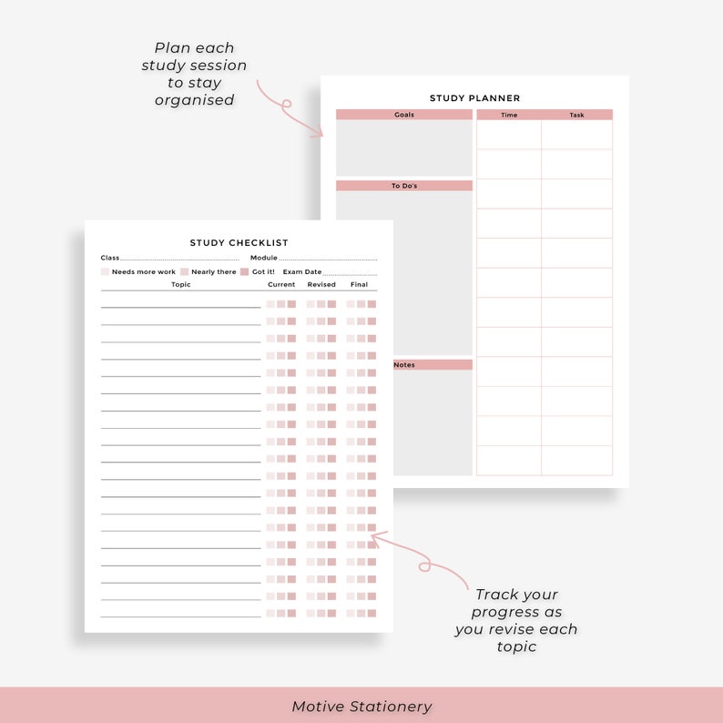 May include: A printable study planner and checklist with pink accents. The planner includes sections for goals, to-do's, time, and tasks. The checklist includes sections for class, topic, module, exam date, current, revised, and final.