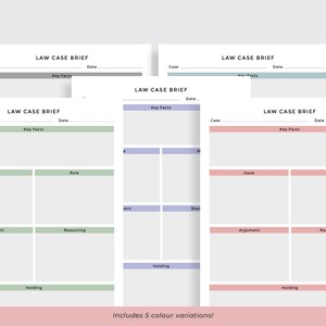 Puede incluir: Una plantilla de resumen de caso legal imprimible con cinco variaciones de color diferentes. La plantilla incluye secciones para los hechos clave, la regla, el razonamiento, la decisi&oacute;n, el problema, el argumento y la refutaci&oacute;n.