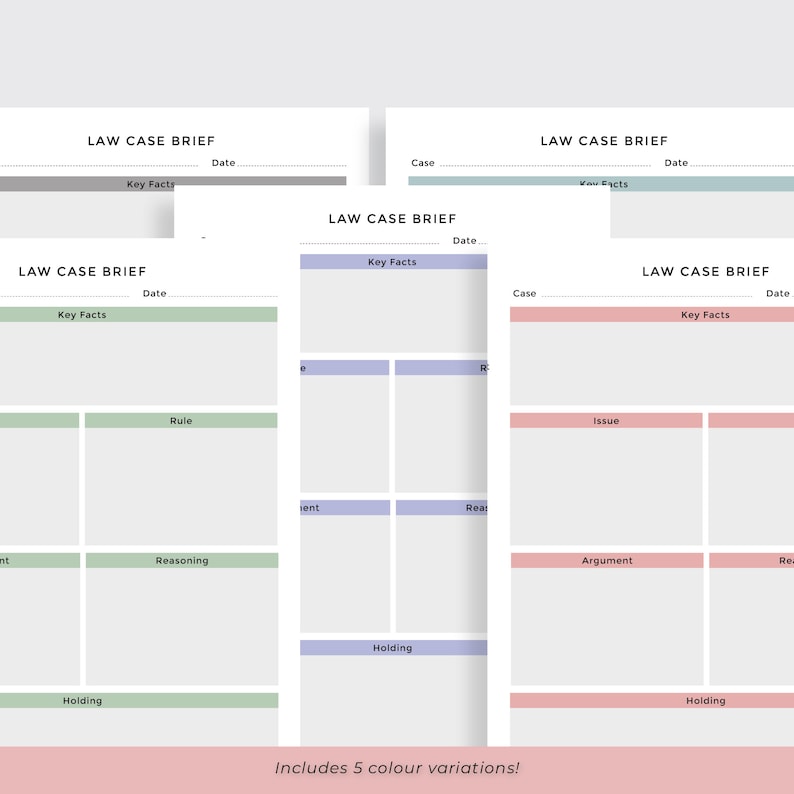 Puede incluir: Una plantilla de resumen de caso legal imprimible con cinco variaciones de color diferentes. La plantilla incluye secciones para los hechos clave, la regla, el razonamiento, la decisi&oacute;n, el problema, el argumento y la refutaci&oacute;n.