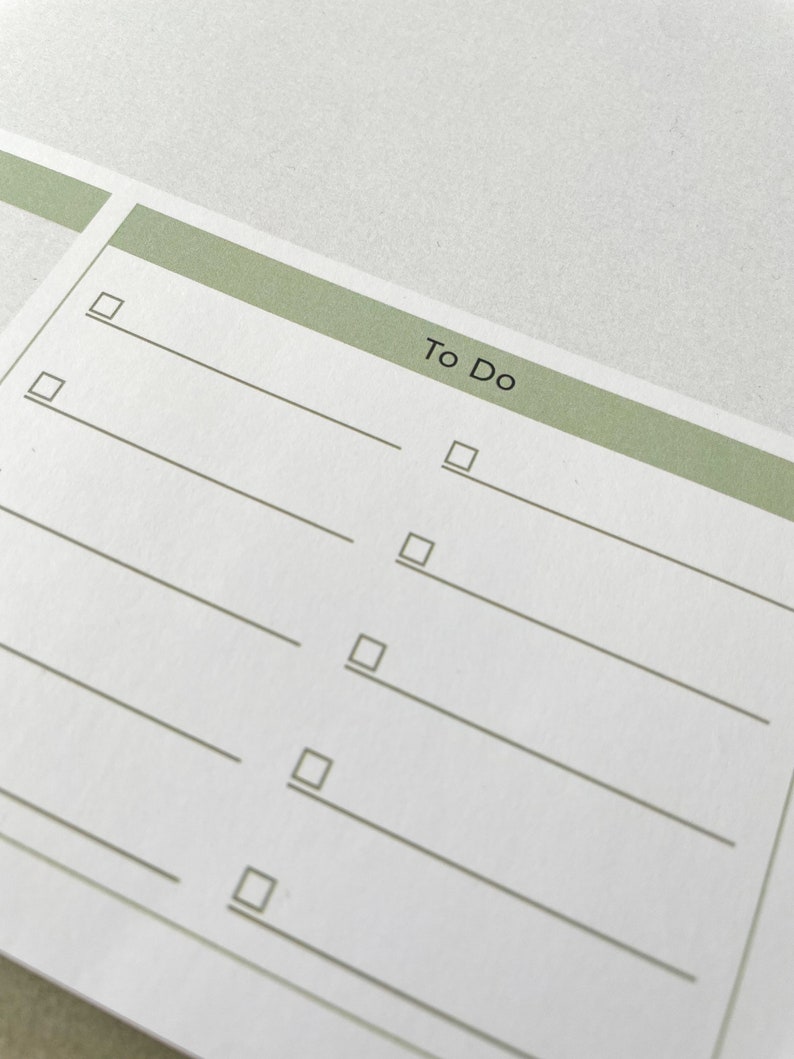 May include: A white to-do list with a green header that says "To Do". There are six blank lines with checkboxes next to each line.