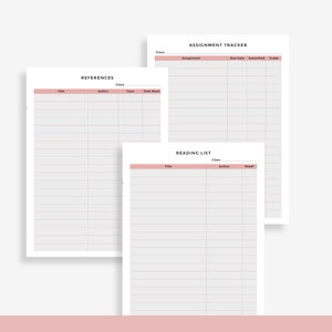 May include: Three printable worksheets for students to track their reading list, references, and assignments. Each worksheet has a title, class, and columns for information.
