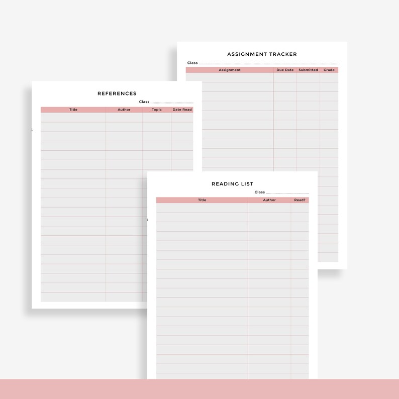 May include: Three printable worksheets for students to track their reading list, references, and assignments. Each worksheet has a title, class, and columns for information.