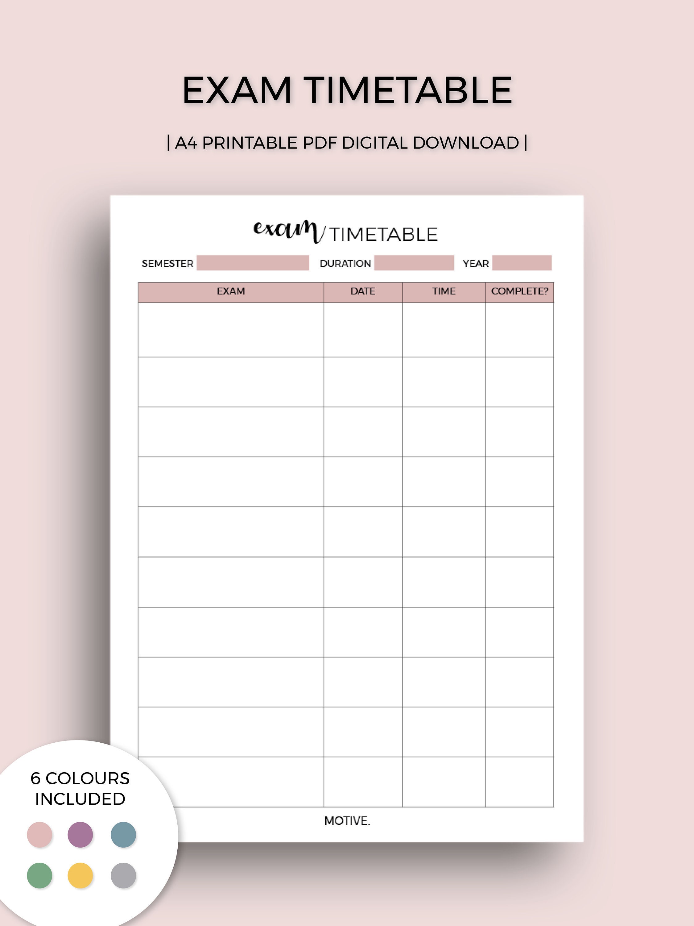 Exam Timetable A4 PDF Printable Etsy