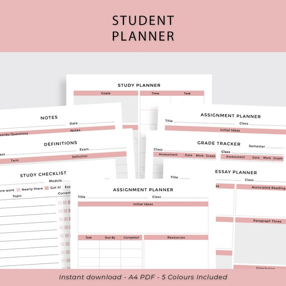 Study Student Planner - A4 PDF Printable Instant Digital Download | Checklist Trackers Templates Essay Assignment Writing Revision Help