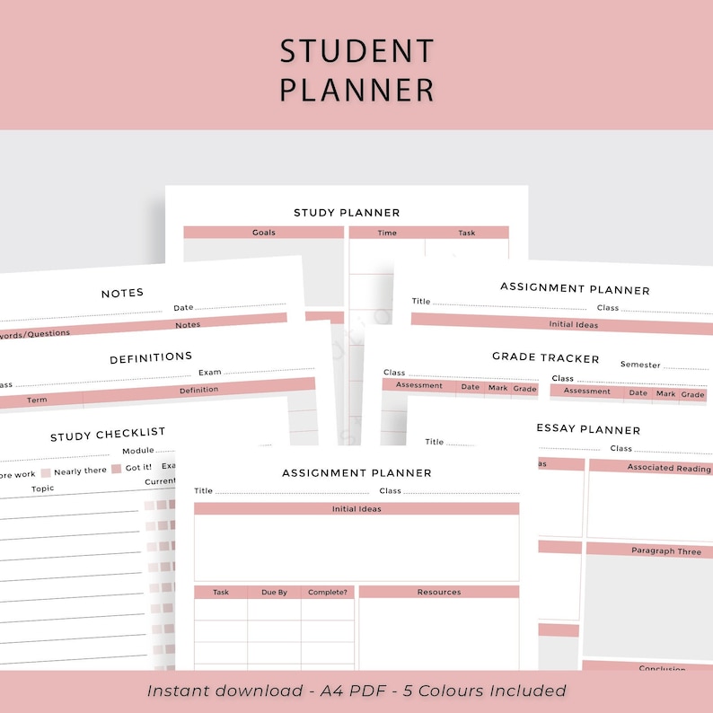 May include: A printable student planner with sections for notes, definitions, study checklist, assignment planner, grade tracker, and essay planner. The planner is designed in a pink and white colour scheme with a marble background.