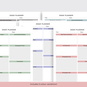 Puede incluir: Un planificador de ensayos imprimible con un esquema de color rosa claro, azul claro y verde claro. El planificador incluye secciones para hechos e ideas clave, lectura asociada, introducci&oacute;n, p&aacute;rrafos, conclusi&oacute;n y tareas pendientes.