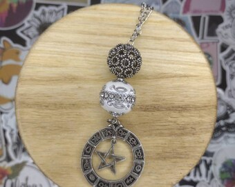 Wiccan Pentagram Pendant, Goth Bead Necklace, Stainless Steel Chain