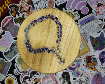 Blue Beaded Chain Link Bracelet with Anchor Charm