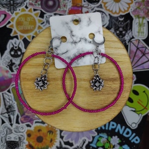 Hot pink hoop earrings, dangle earrings, women&#39;s jewelry, flower jewelry, flower earrings, gift for her, pink accessory, statement jewelry