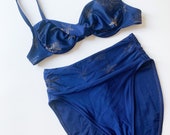 Vintage 1980 39 s Two Piece, Dark Blue La Bianca Bathing Suit, Metallic Starfish Swim Wear, Vtg High Waisted Bikini, Underwire Bra Style Top