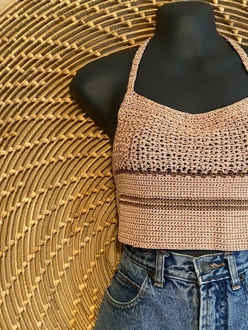 90/'s Crochet Halter Top 1990\u2019s Style Top Striped Top Criss-Cross Closure Vintage Aesthetic
