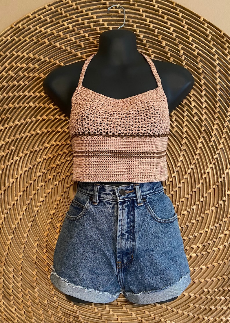90/'s Crochet Halter Top 1990\u2019s Style Top Striped Top Criss-Cross Closure Vintage Aesthetic