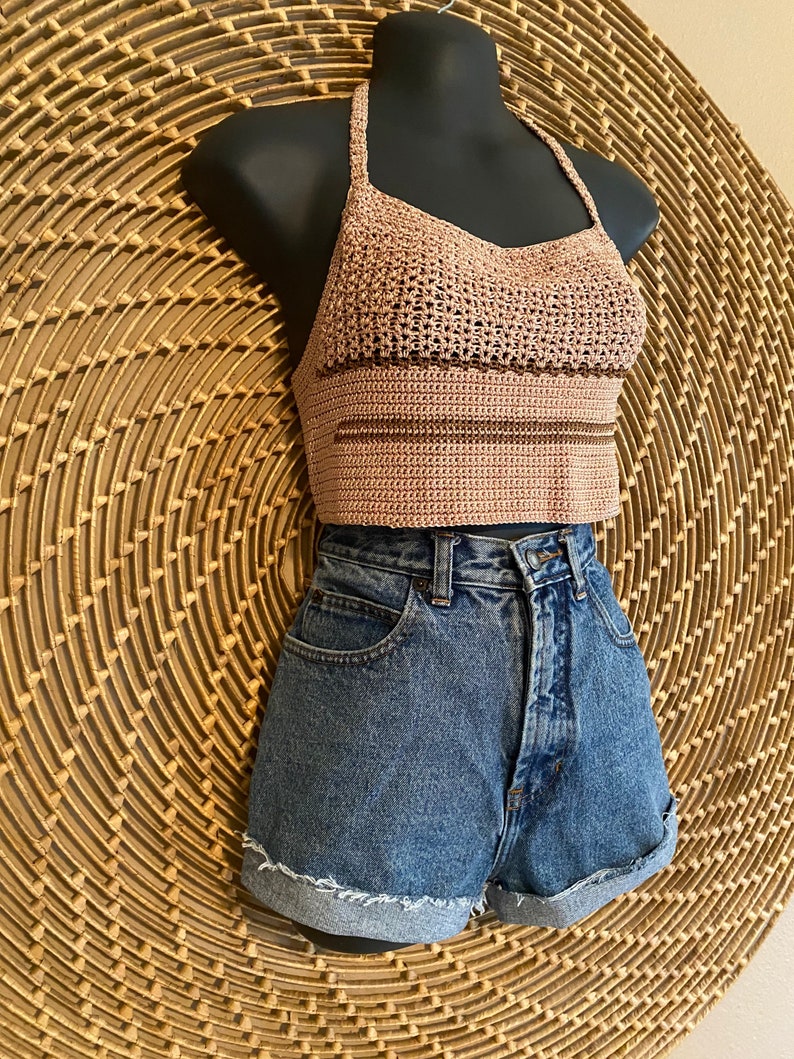 90/'s Crochet Halter Top 1990\u2019s Style Top Striped Top Criss-Cross Closure Vintage Aesthetic