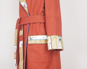 Unisex Patchwork Dressing Gown In Rust Woven Jacquard Cotton