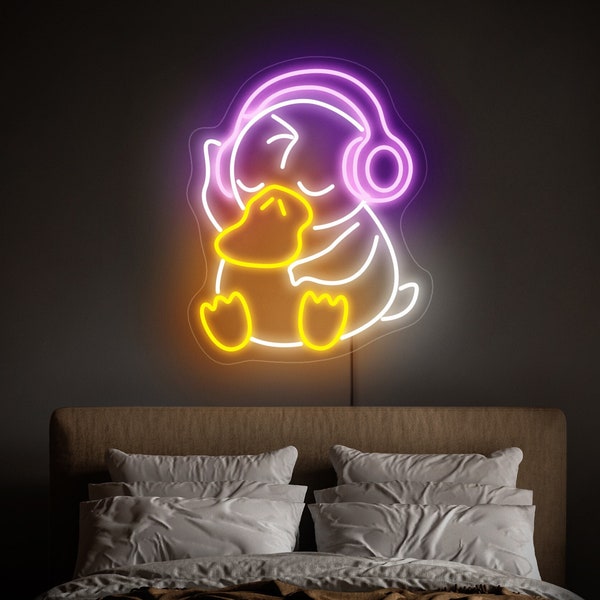 Enseigne néon Psyduck, néon canard anime, enseigne canard avec casque, enseigne néon Pokémon, néon anime, cadeau Psyduck, décoration murale anime, décoration Psyduck