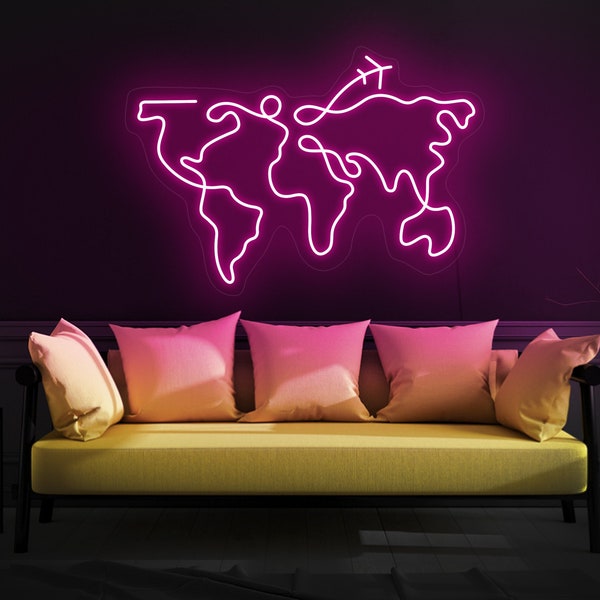 Wereldkaart neonreclame, wereldkaart led-teken, wereldkaart lichtteken, reizen neonreclame, vliegtuig neonreclame, globe neonreclame, wereldkaart wand decor