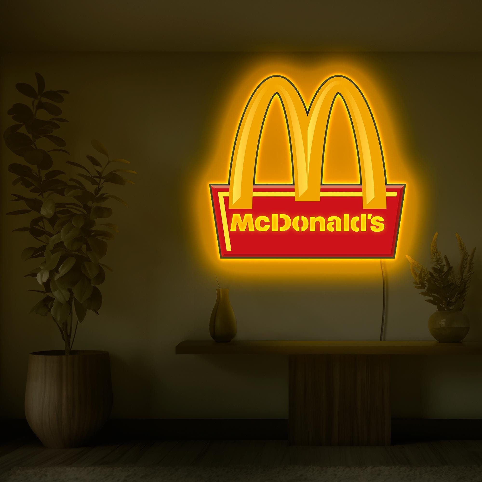 McDonald's neonreclame, McDonalds led-bord, McDonalds-logo, cadeau McDonald's minnaar, neonreclame restaurant, McDonalds kunst aan de muur, McDonalds decor