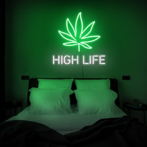 Insegna al neon High Life, Insegna a LED High Life, Decorazione murale High Life, Insegna al neon di marijuana, Decorazione per negozi di fumo, Insegna a LED di marijuana, Insegna al neon verde