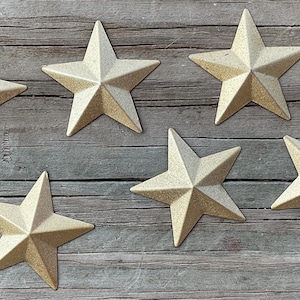 Rustic Golden Vintage Metal Barn Stars w/ Clear Finish (6 Stars) 6- 1.5” Gold Stars, No Hole, Indoor/outdoor, popery dish stars.