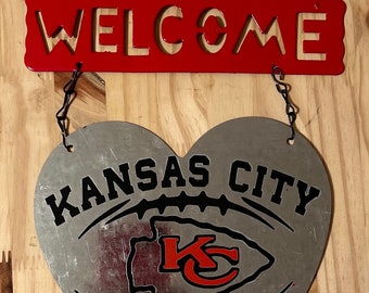 Kansas City Chiefs Galvanized Metal Welcome  Sign, 13”x8”,  KC Chiefs Galvanized Metal  Door Hanger,  Love the Chiefs Door Hanger, Heart KC