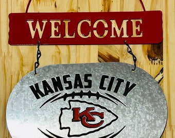 Kansas City Chiefs Welcome / Door Hanger - 11.5”x9” Galvanized Metal Sign,  Red Metal lWelcome Sign, Black Chain/ CUSTOM DESIGN / HANDMADE