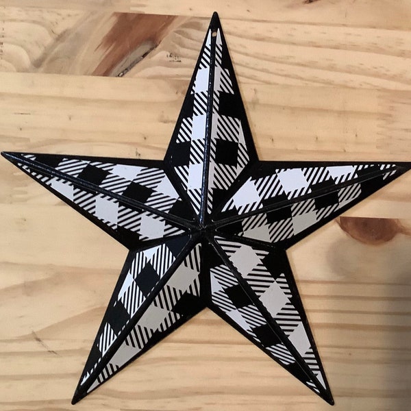 Black and White Buffalo Plaid Barn Star - 1-8”x8” Farmhouse Decor/ Mantle Star/ Black Star Decor/ Country Cottage Decor/ Mantle Star/ Metal