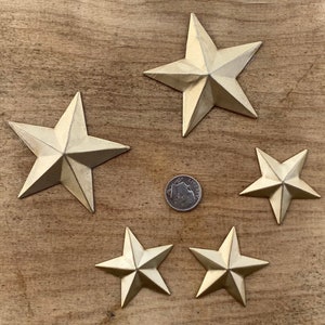 Rustic Golden Vintage Metal Barn Stars w/ Clear Finish (5 Stars) 2-2.3” 3- 1.5”, No Hole, Indoor/outdoor, popery dish stars.