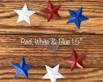 Patriotic - Red,White and Blue Stars/(6) 1.5”x 1-1/2 inch/Rustic Country Farmhouse Stars, Primitive Americana Barn Stars, Metal Craft Stars