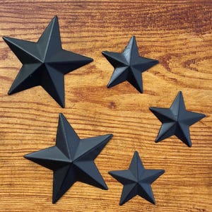 Distressed Black Farmhouse Stars (5) - (2) 2.5” / (3) 1.5”- Primitive Western Metal Stars w/ Clear Coat, 3D, Metal Craft Stars, Barn Stars