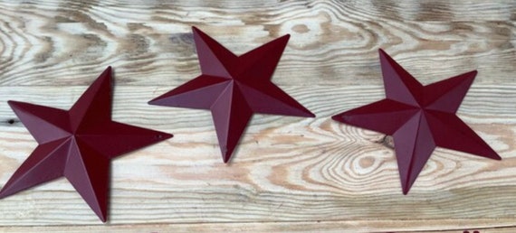 Burgundy Barn Stars: Hand-Painted Metal Primitive Decor, Set of 3. - 3.75”