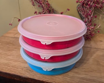 Vintage Tupperware Containers, set of three with lids, 2 red with food dividers and 1 blue container. Little Wonders,