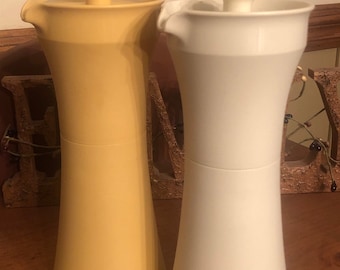 Vintage Tupperware Vinegar and Oil Dispeners Cruets,One almond  and One Harvest Gold, push button lids, retro, vintage Tupperware,