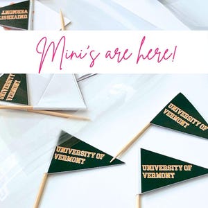 May include: Miniature green and gold pennant flags on wooden sticks, featuring "UNIVERSITY OF VERMONT" text. The image also includes the text "Mini's are here!" in pink script, and other small items in the background.