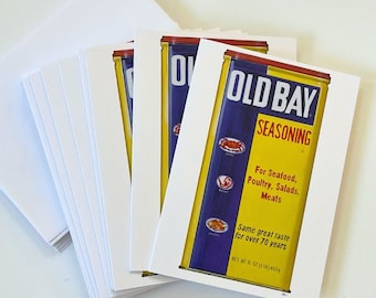 Old Bay Cards, Baltimore Maryland Stationary, Old Bay Seasoning,  5×7 Folded Note Cards with 14 Envelopes, Crab, Shrimp, Coastal Art Card