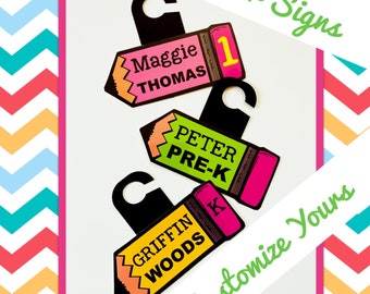Rear View Mirror Car Sign Personalized, Car Line School Pick Up Custom Name Sign, Pencil Laminated Vinyl Hook Back to School Family Car