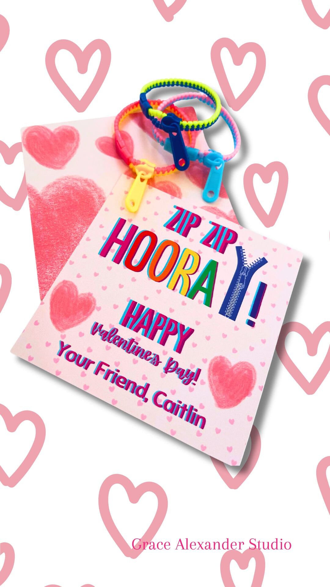 25 Zipper Bracelet Valentine's Day Tag Sticker Double Sided, Zip Zip Hooray Valentine Non Food Class Valentine Teammate Classmate Friend Bus