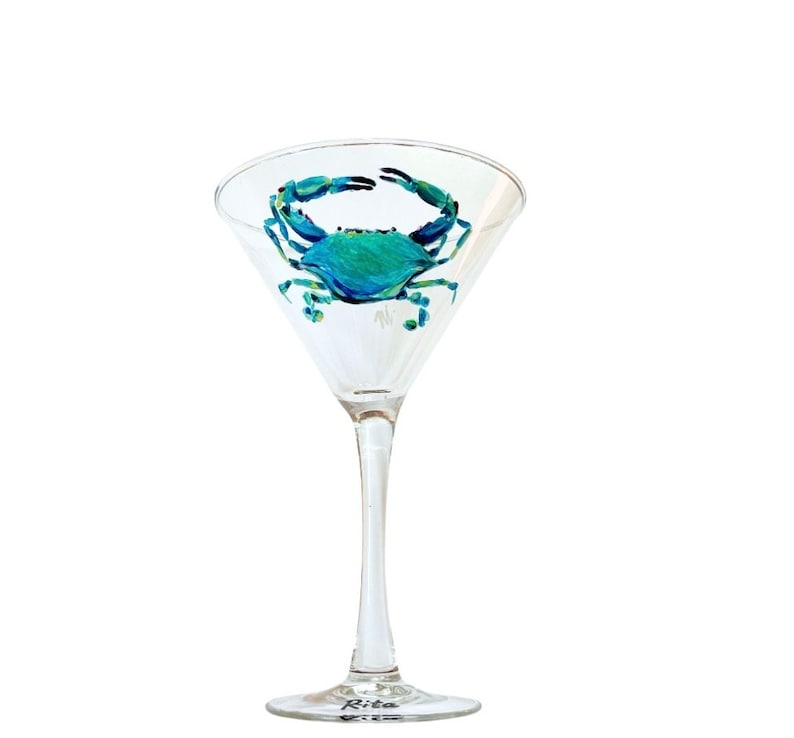Turquoise Crab Martini Glass, Hand Painted Ocean Barware Personalized