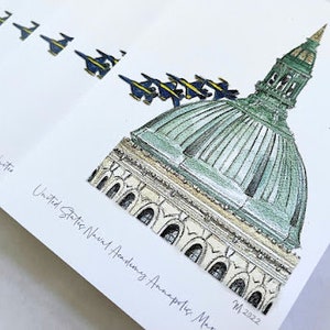 Naval Academy Note Greeting Cards Chapel Dome 5x7 Dozen Folded USNA Stationary Envelopes, Blue Angels Flying Over Chapel, Annapolis Maryland