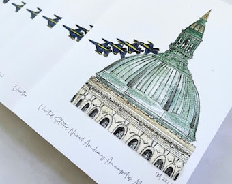 Naval Academy Note Greeting Cards Chapel Dome 5x7 Dozen Folded USNA Stationary Envelopes, Blue Angels Flying Over Chapel, Annapolis Maryland